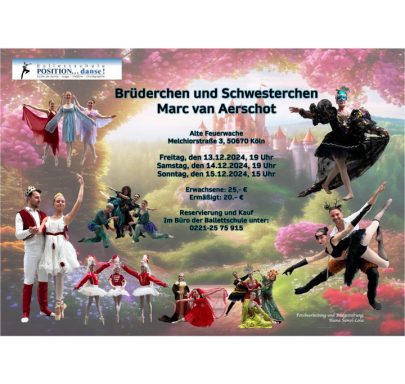 Plakat für eine Veranstaltung mit Tänzern und Ballett in einer bunten, fantasievollen Umgebung.