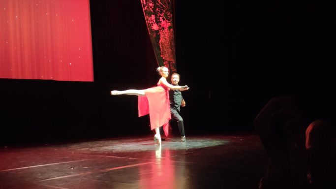 Tänzer in rötlichem Kostüm führt einen klassischen Tanz auf einer Bühne vor rotem Hintergrund auf.