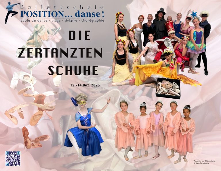 Plakat Aufführung "Die zertanzten Schuhe" Dezember 2025 Gruppencollage von Tänzern in verschiedenen Kostümen und Posen, mit ansprechendem Hintergrund.